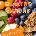 small bowl of granola bars, cheese squares, blueberries, raspberries for post how to make healthy snacks for people on the go!