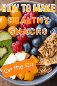 small bowl of granola bars, cheese squares, blueberries, raspberries for post how to make healthy snacks for people on the go!