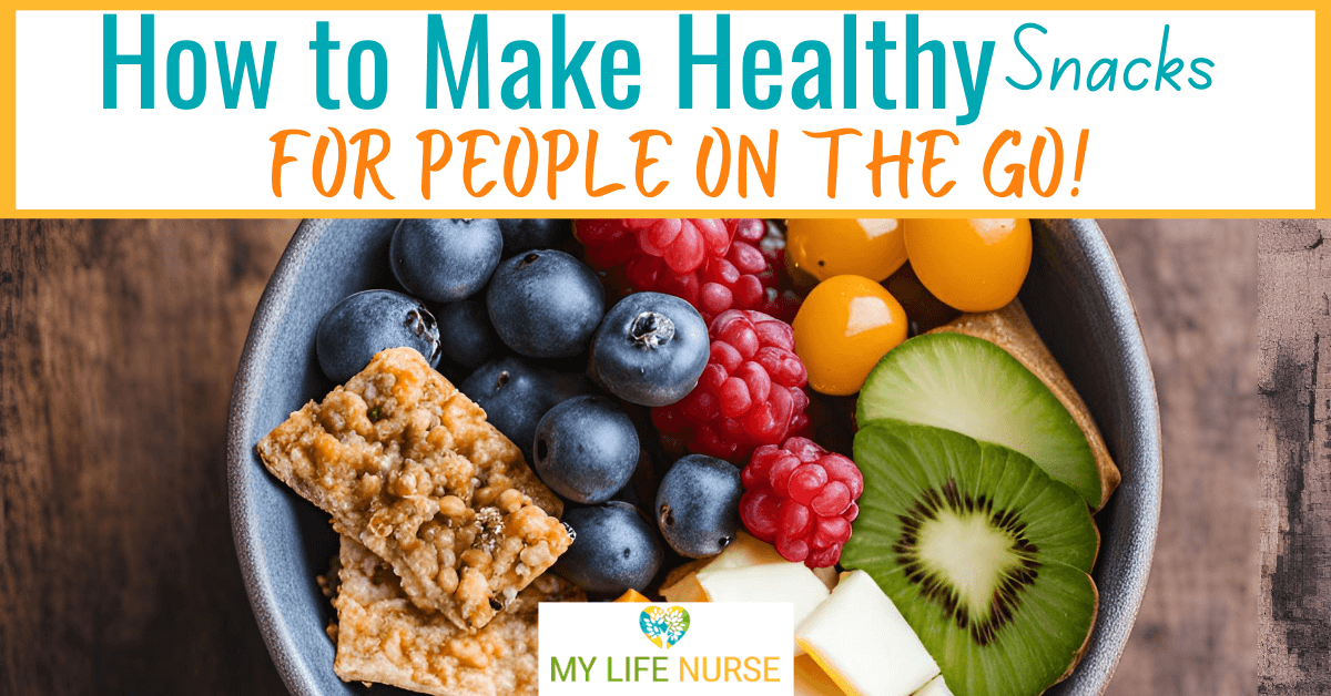 small bowl of granola bars, cheese squares, blueberries, raspberries for post how to make healthy snacks for people on the go!