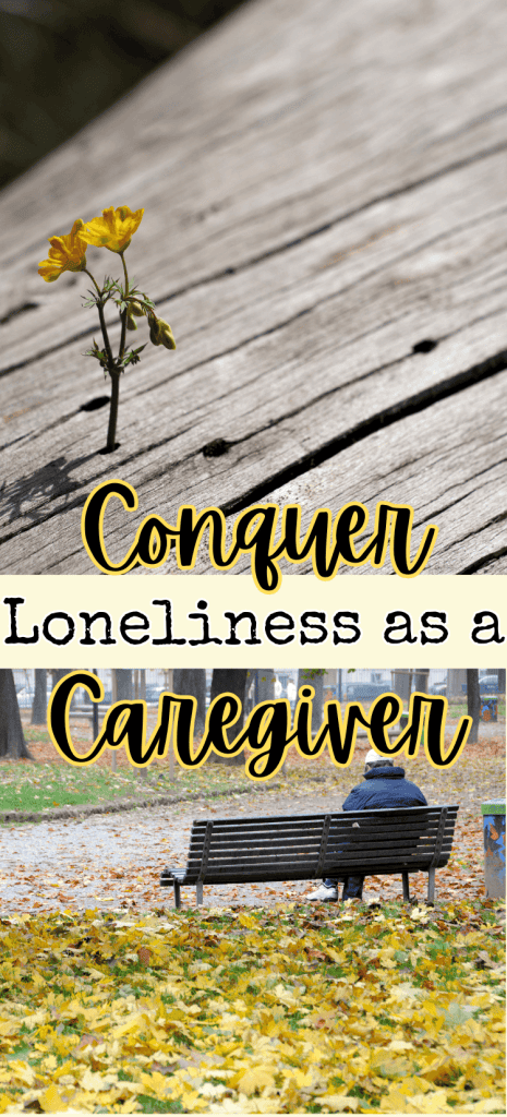 top pic is A single weed growing up through a hole in a wooden board and bottom pic is a person sitting alone on a park bench on a cold fall day - for post about how caregivers conquer being lonely or jealous.