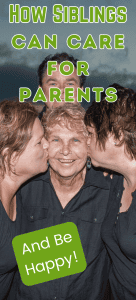 2 adult sisters kissing each side of mom's cheek with brother in the background.