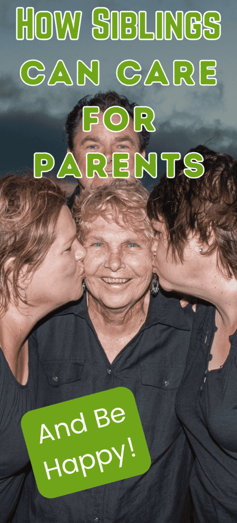 2 adult sisters kissing each side of mom's cheek with brother in the background.