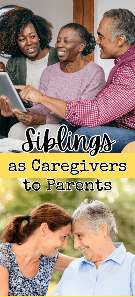 top pic - 2 adult children happily sitting on sofa with aging mother. bottom pic adult daughter and elderly mom smiling at each other with foreheads close together like a hug.