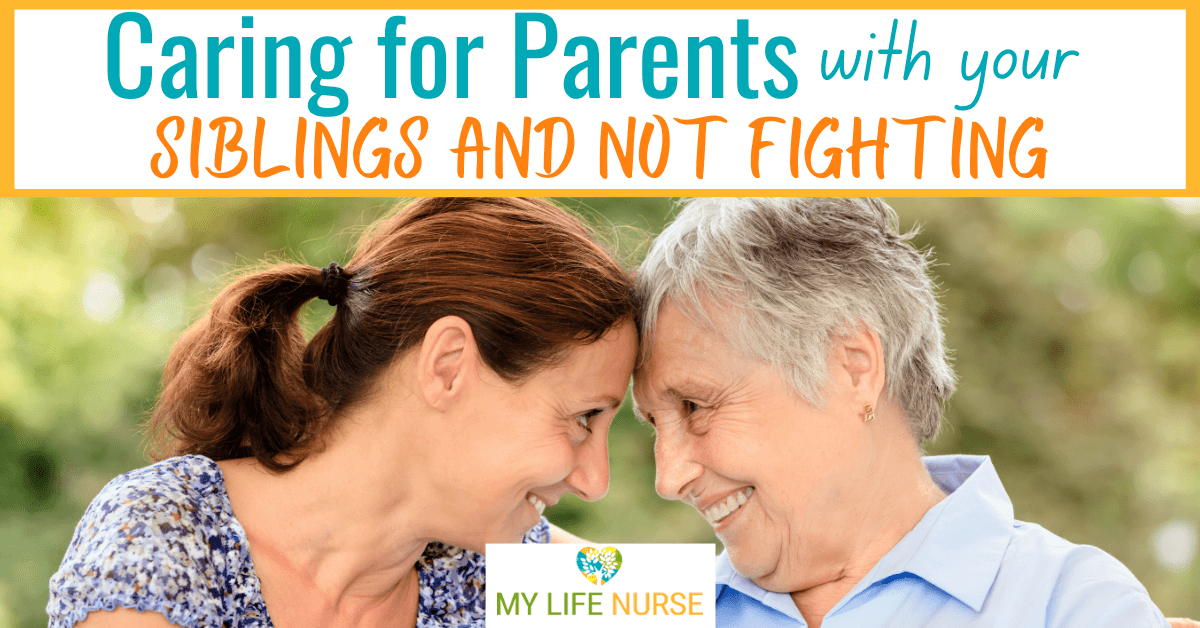 adult daughter and elderly mom smiling at each other with foreheads close together like a hug.