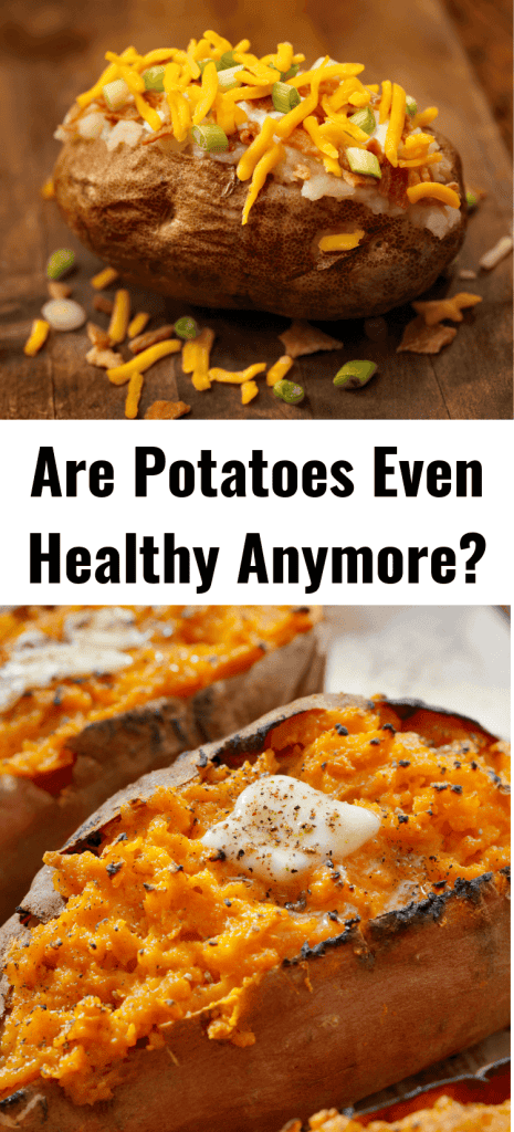 top pic a baked potato with cheese, sour cream and scallions, the bottom pic a baked sweet potato with butter and salt and pepper