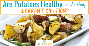 A white platter of roasted potatoes seasoned with herbs and rosemary used for post called Are Potatoes Healthy or Do They Warrant Caution?