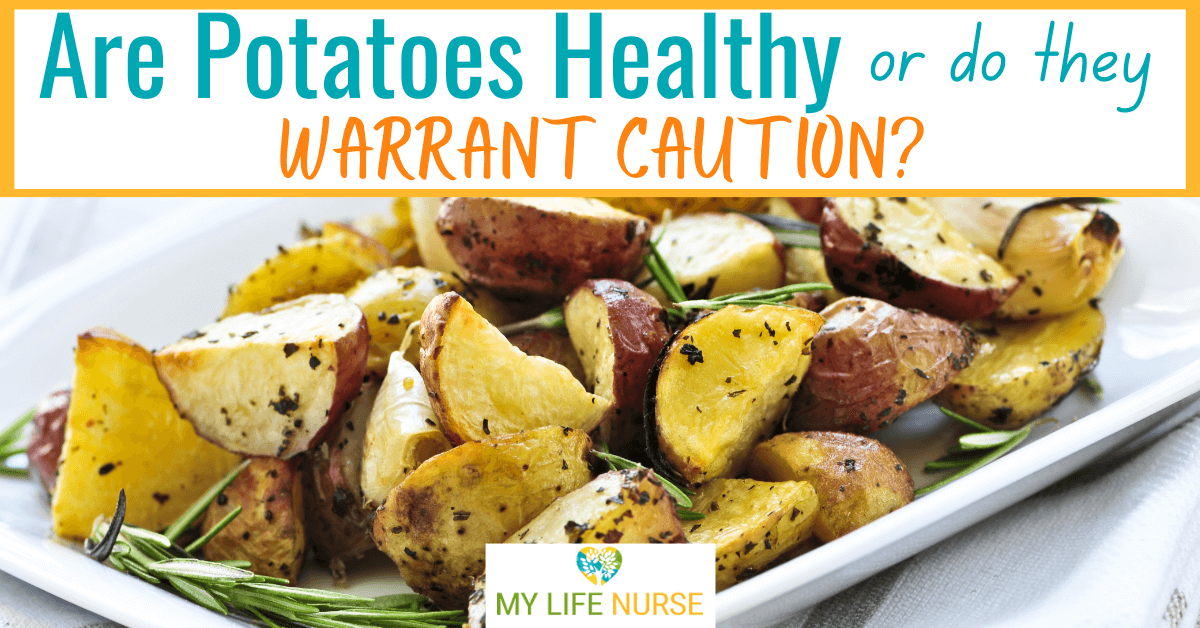 A white platter of roasted potatoes seasoned with herbs and rosemary used for post called Are Potatoes Healthy or Do They Warrant Caution?