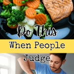 top pic Lunch container with a piece of salmon and mixed vegetables & bottom pic is man making juice out of green vegetables for post called what to do when people judge your healthy diet