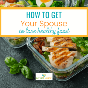 lunch container of grilled chicken, salad, pecans for post How to Get Your Spouse to Love Healthy Food
