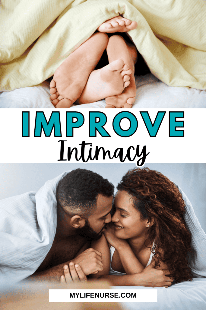 top - man and woman's bare feet on be poking out under covers suggesting intimacy, bottom a smiling couple nose to nose under the covers for post Self-care Protects Intimacy