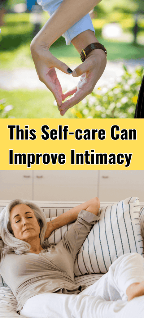 top pic - a man's and woman's hands about to 'hold', and bottom pic is  a middle-aged woman resting peacefully on a couch 
