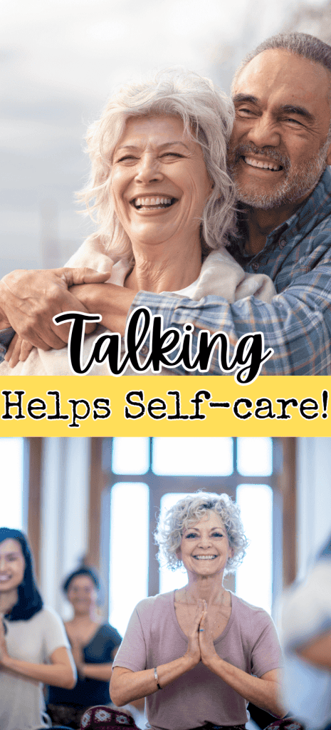 top pic: happy middle-aged married couple. bottom pic a middle-aged woman stretching for post call Better Communication in Marriage can improve self-care and routines.