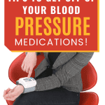 light-skinned woman taking her blood pressure on her wrist while sitting in a red chair