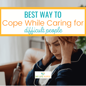 frustrated woman sitting on couch in blue and white top holding her temples for post called best way to cope while caring for difficult people