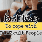 top pic: frustrated woman sitting on couch in blue and white top holding her temples. Bottom post: elderly man and caregiver talking on couch for post called best way to cope while caring for difficult people