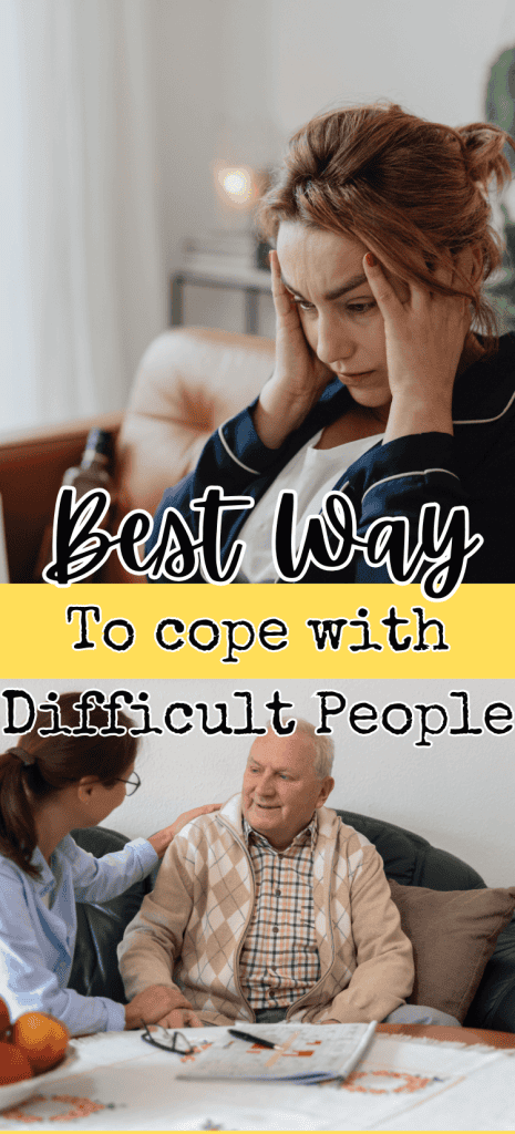 top pic: frustrated woman sitting on couch in blue and white top holding her temples. Bottom post: elderly man and caregiver talking on couch for post called best way to cope while caring for difficult people