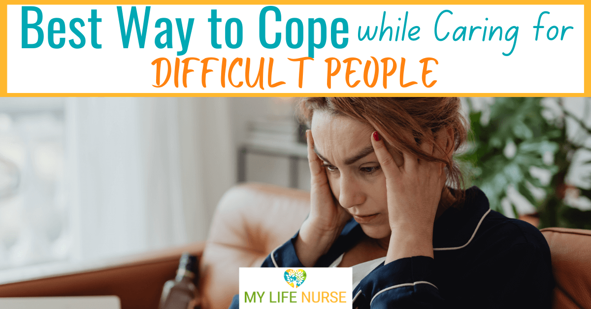 frustrated woman sitting on couch in blue and white top holding her temples for post called best way to cope while caring for difficult people