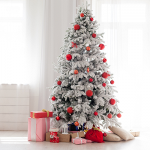 White Christmas Tree w red balls and gifts