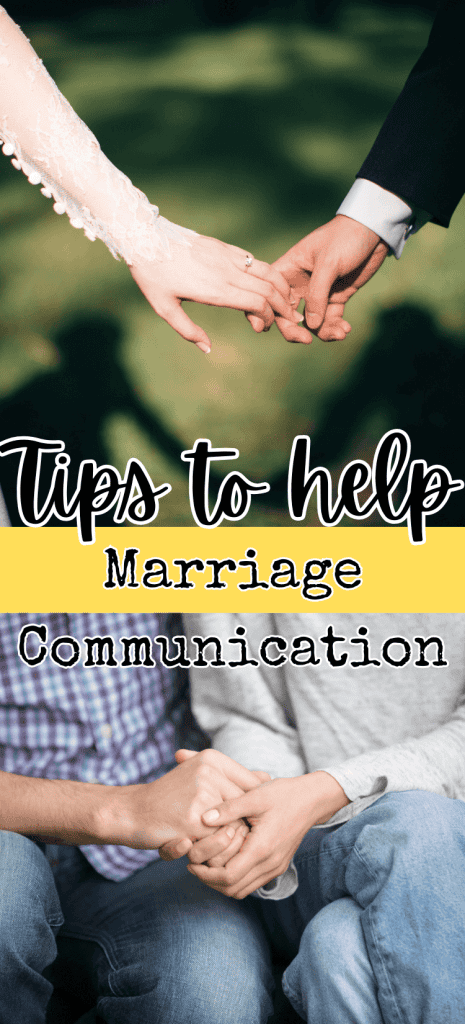 Top pic is bride and groom hands together and bottom pic is a couple holding each other's hands in their laps for post called 4 Simple communication tips to be happy in marriage