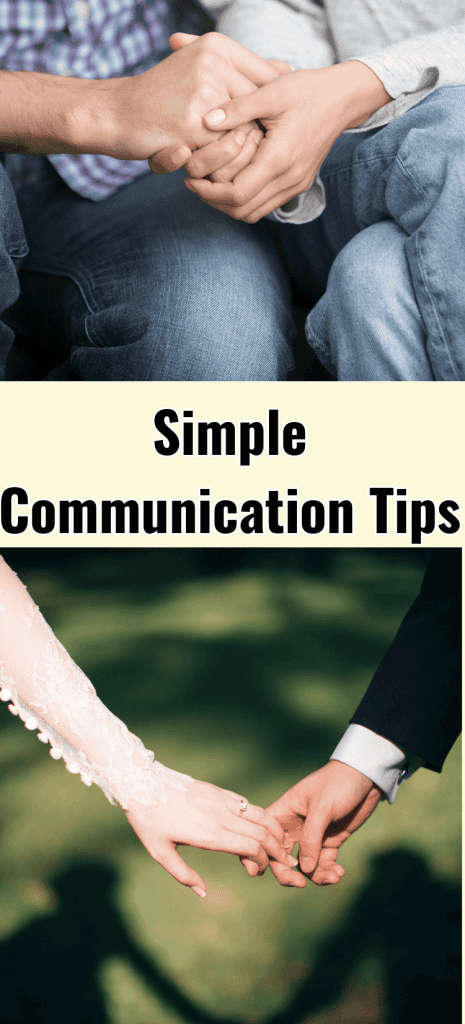 Top pic is a couple holding each other's hands in their laps and bottom pic is bride and groom hands together for post called 4 simple communication tips for a happy marriage