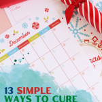 a colorful desk calendar for December with Christmas wrapping paper on the top right corner for post 13 ways to cure the post holiday blues
