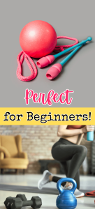 top - pink weight ball and pink jump rope with blue handles & bottom - woman on exercise mat with one knee bent with hand weights and a blue kettleball nearby for post called beginner exercise resource list