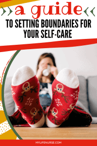 woman w Rudolph socks on relaxing on couch - A Guide to Setting Boundaries for Your Self-care