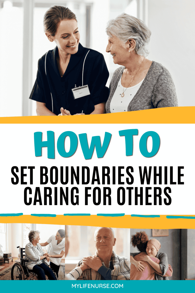 4 pictures of people taking care of another. nurse and patient, aide and patient, man and family member, and two friends.