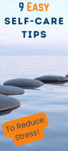 a row of flat black rocks on a peaceful body of water for post called 9 easy self-care tips to reduce stress