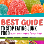 red, yellow, blue, green, orange gum drops, candy bar cut in half, potato chips poured out of bag, and various candy with magenta background