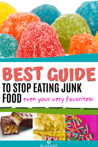 red, yellow, blue, green, orange gum drops, candy bar cut in half, potato chips poured out of bag, and various candy with magenta background