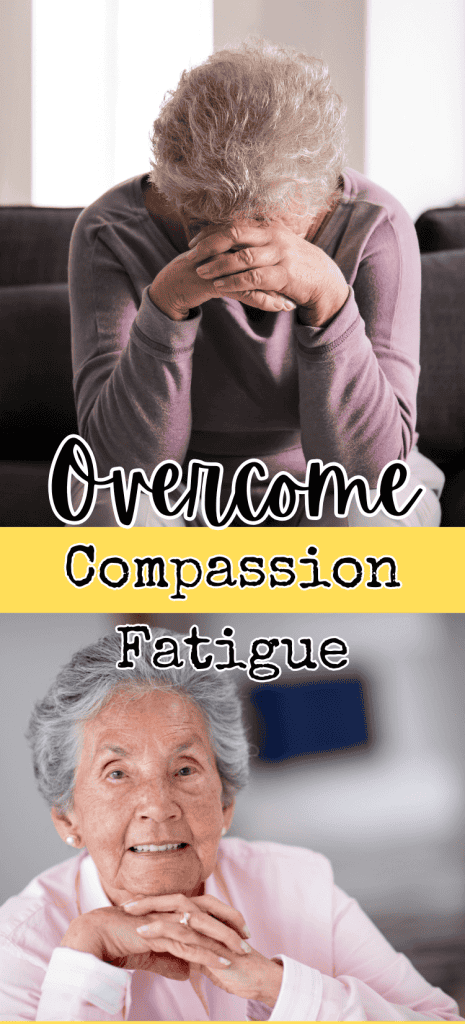 elderly woman sitting on couch with elbows on knees with head leaning on hands. Bottom pic is elderly woman smiling and at peace