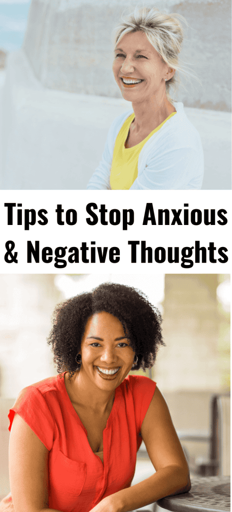 blond smiling middle-aged woman on top pic with yellow shirt and white sweater and bottom pic brunette younger woman smiling while resting arm on a table for post 7 self-care tips to stop negative thoughts and anxiety