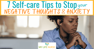 Middle aged woman thinking with hands crossed under chin and tension in face for post called 7 self-care tips to stop negative thoughts and anxiety.