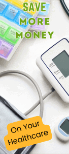 Collection of weekly blue and yellow pill containers, auto blood pressure machine, stethoscope, blue gloves, hand sanitizer and glucose equipment for post called 10 Ways to Save Money on Your Healthcare