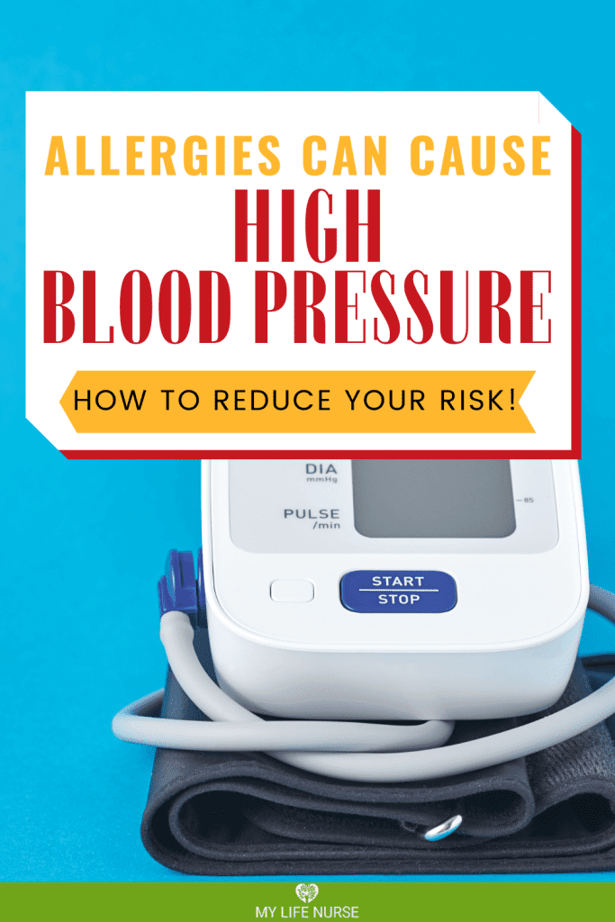 blue background and white and blue blood pressure machine with title "Can Allergies Cause High Blood Pressure How to Reduce Your Risk