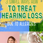 collage of grass & pollen causing plants, woman blowing her nose and another woman cupping her ear to hear