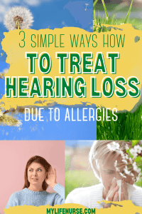 collage of grass & pollen causing plants, woman blowing her nose and another woman cupping her ear to hear