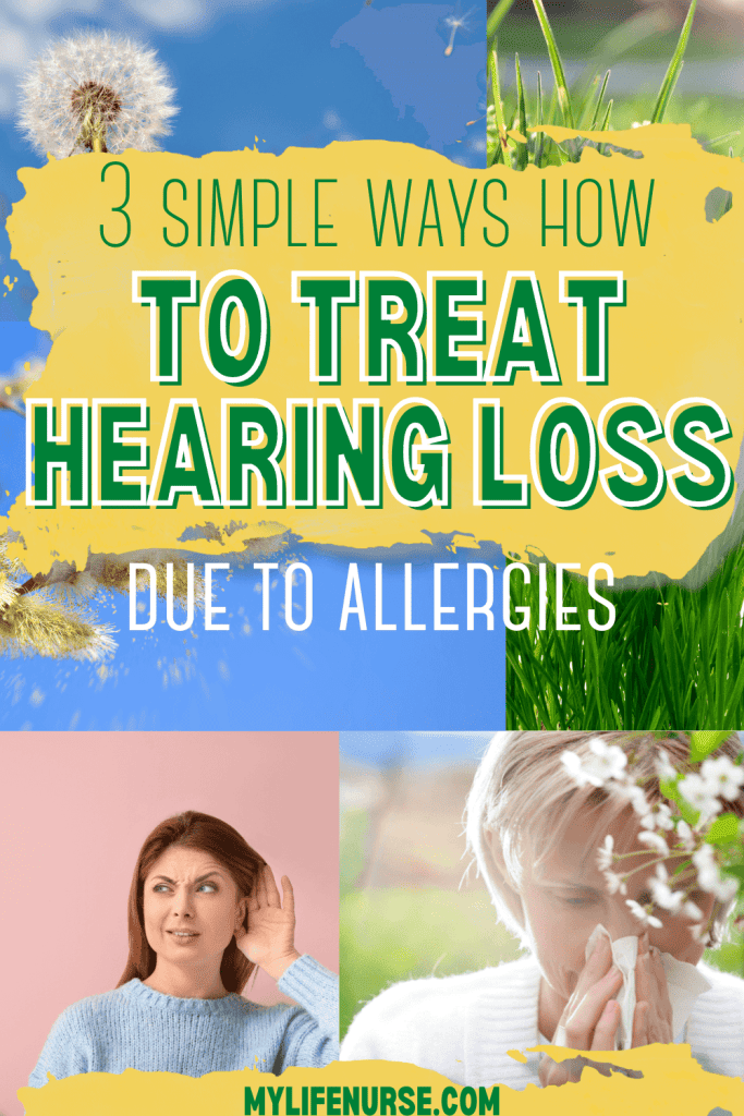 collage of grass & pollen causing plants, woman blowing her nose and another woman cupping her ear to hear