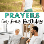 top pic is preschool boy wearing white sleeveless shirt, fedora hat, holding hand with woman (mom) (back POV). bottom picture - elderly mom sitting with grown son on couch. Both smiling while talking to each other.