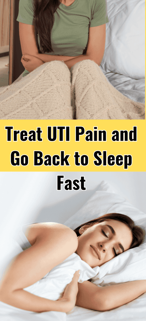 woman with dark hair sitting in bed with knees up and arms over abdomen. Bottom pic: woman with dark hair sleeping in bed peacefully. Image on post called How to deal with a uti at night.