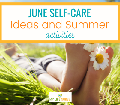 bare feet crossed on warm sunny grass with daisies between toes for post called June Self-care Ideas and Summer Activities