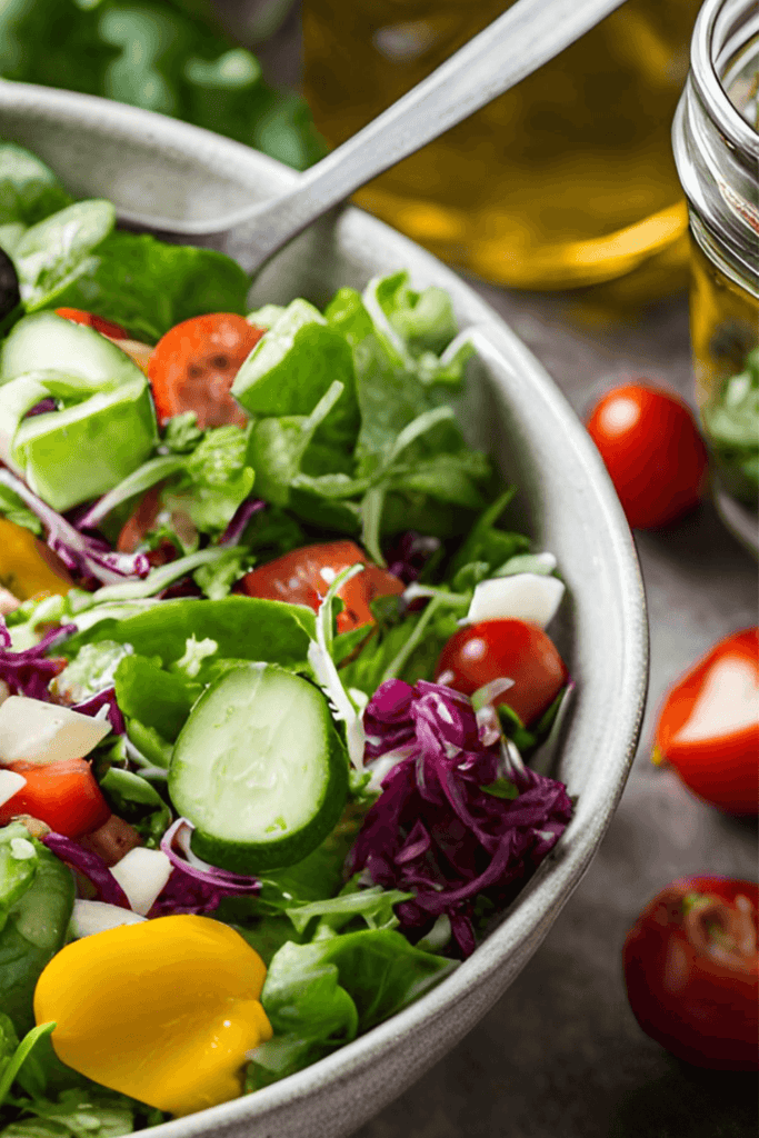 White bowl full of garden salad: lettuce, cucumbers, cabbage, cherry tomatoes for post Stay Motivated to Eat Healthy.
