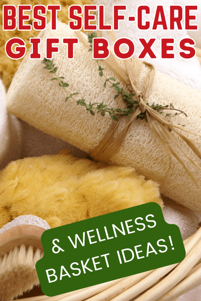brown basket containing self-care items: candles, loofah, brush, bath salts, sponge, washcloth for post called best self-care gift boxes and wellness basket ideas