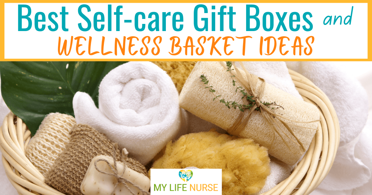 brown basket containing self-care items: candles, loofah, brush, bath salts, sponge, washcloth for post called best self-care gift boxes and wellness basket ideas