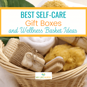 brown basket containing self-care items: candles, loofah, brush, bath salts, sponge, washcloth for post called best self-care gift boxes and wellness basket ideas