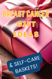 gift wrapped in pink foil paper with foil ribbon for post called breast cancer gift ideas and self-care baskets