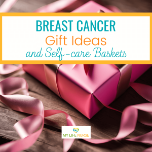 gift wrapped in pink foil paper with foil ribbon for post called breast cancer gift ideas and self-care baskets
