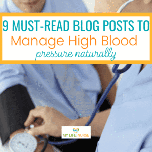 An image showing a health professional measuring a patient's blood pressure, accompanied by text highlighting blog posts about managing high blood pressure, self-care tips, and natural home remedies.