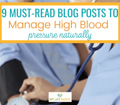An image showing a health professional measuring a patient's blood pressure, accompanied by text highlighting blog posts about managing high blood pressure, self-care tips, and natural home remedies.